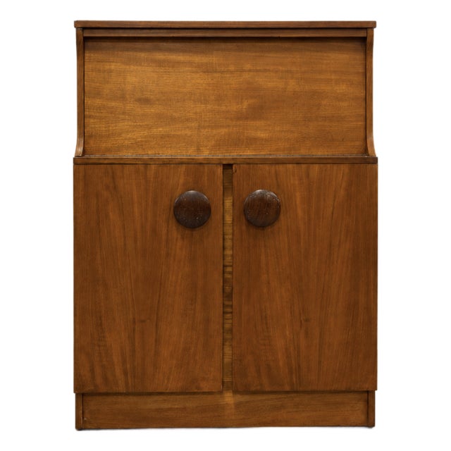 Mid Century Modern Teak Bar Cabinet | Mirrored Home Bar With Drop-Down Serving Surface, C. 1960’s For Sale