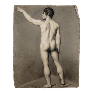 Antique French Academic Study Male Nude Back View Charcoal Life Drawing Portrait