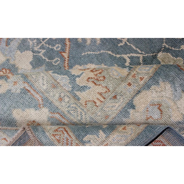 Turkish Oushak Rug With Floral Design in Light Steel Blue and Coral Accent For Sale - Image 10 of 12