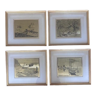 Vintage Lionel Barrymore Etched Gold Foil Nautical Prints Signed and Framed - Set of 4 For Sale