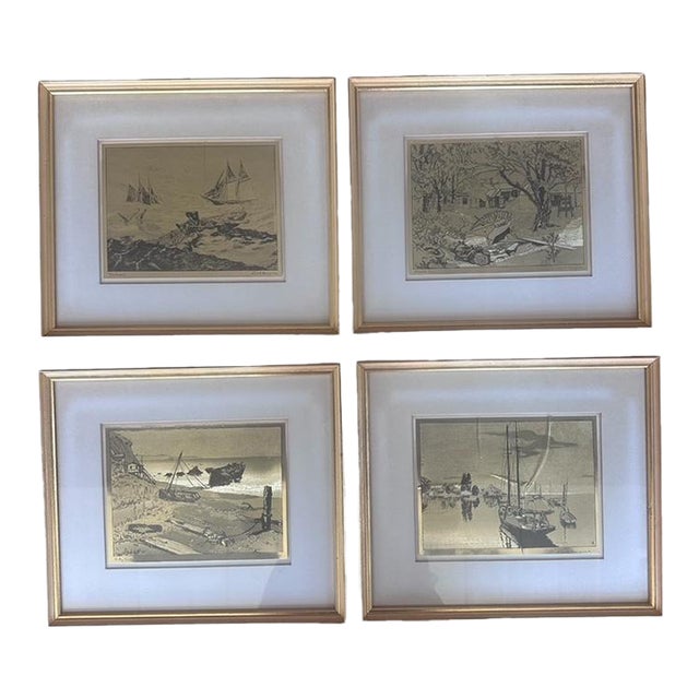 Vintage Lionel Barrymore Etched Gold Foil Nautical Prints Signed and Framed - Set of 4 For Sale