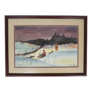 Vintage Framed Watercolor Landscape Mountain Snow Scene After Roy Martell Mason
