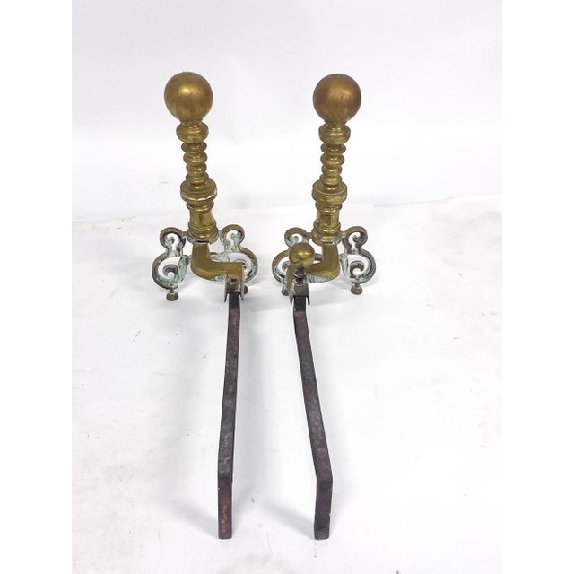 Antique Georgian Style Brass Ball-Top Andirons—A Pair For Sale - Image 4 of 8