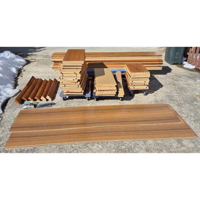 Brown 1970s Danish Modern Teak Veneer Library Book Shelves W/ Detachable Crown Moulding - Set of 7 For Sale - Image 8 of 10