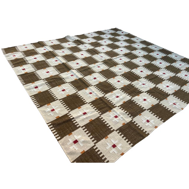 Handmade New Zealand Wool Dhurrie, Brown and Cream Geometric Rug- 6'x9' For Sale - Image 10 of 16