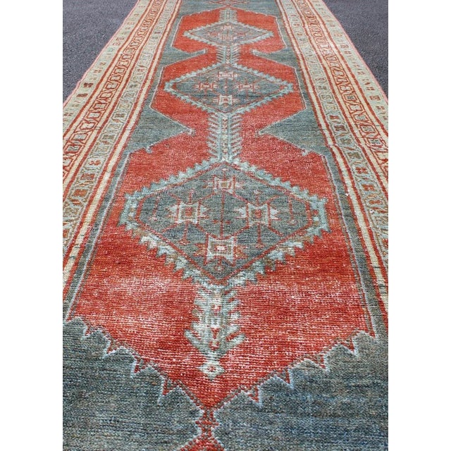 Textile Antique Persian Serab With Tri-Medallion Geometric Design in Red and Steel Blue 2'8 X 9'6 For Sale - Image 7 of 11