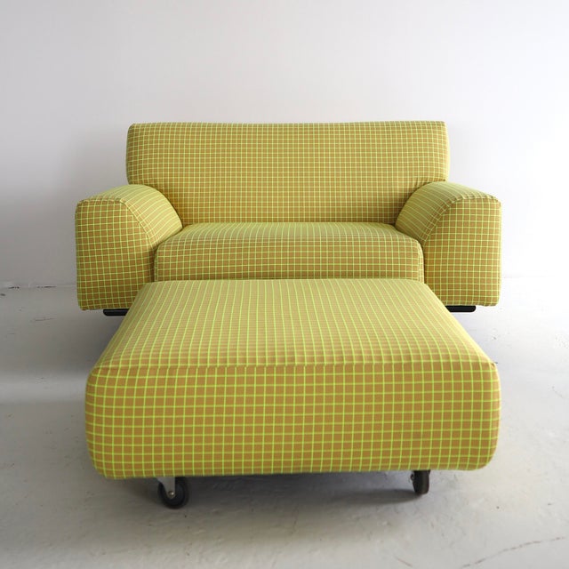 excellent condition, fully restored in Maharam “bright grid” Ottoman: 34”W/D 17”H