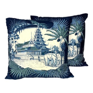 Pair Chinoiserie Blue and White Elephant Silk Pillows by Jim Thompson For Sale