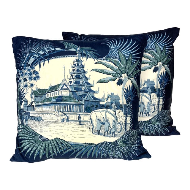 Pair Chinoiserie Blue and White Elephant Silk Pillows by Jim Thompson For Sale