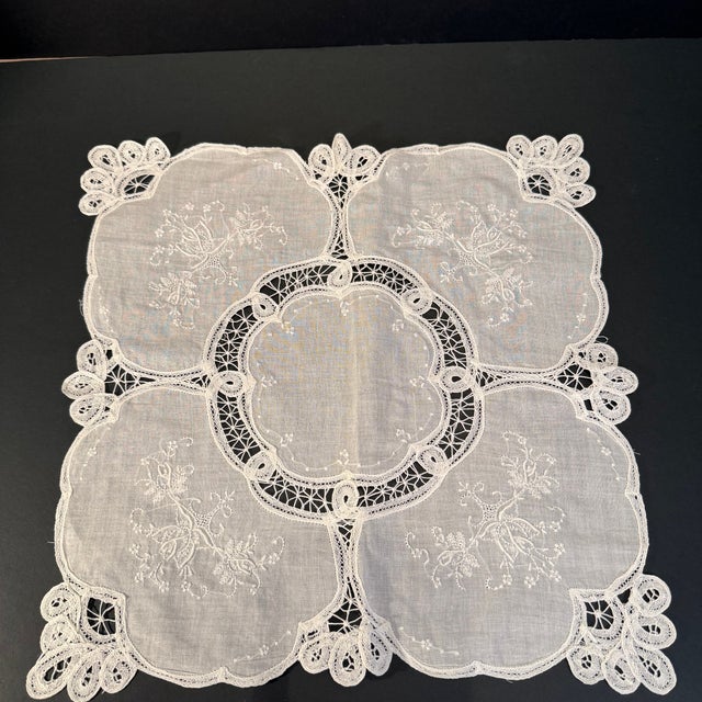 Antique Square Madeira White Openwork and Battenberg Lace Linen Doily For Sale In Los Angeles - Image 6 of 8