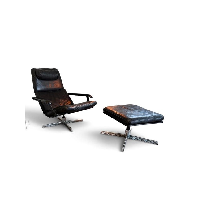 Set of Mid-Century Lounge Chair and Ottoman in Black Leather and Chrome, 1960s, Set of 2 For Sale - Image 17 of 17