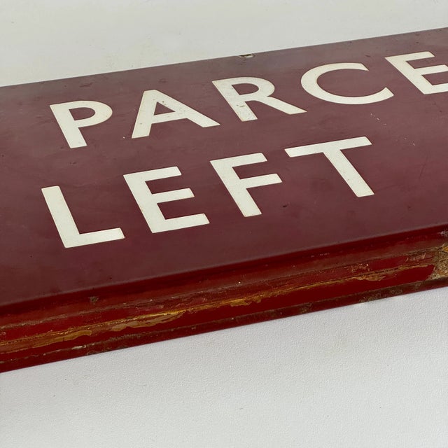 Rare Early 20th C Large Double Sided Train Station Porcelain Enamel Sign in Cherry Red Reads "Parcels and Left Luggage" For Sale - Image 16 of 18