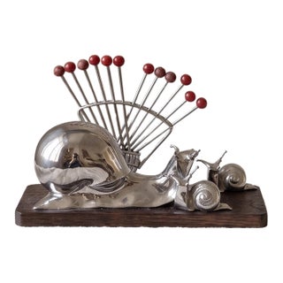 Vintage Snail Cocktail Pick Holder Mid Century Barware Chrome Snail Toothpick Holder Atomic Era Martini Olive Picks For Sale