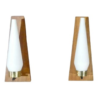 Brass, Opal Glass and Teak Wall Lights from Stilnovo, Italy, 1950s, Set of 2 For Sale