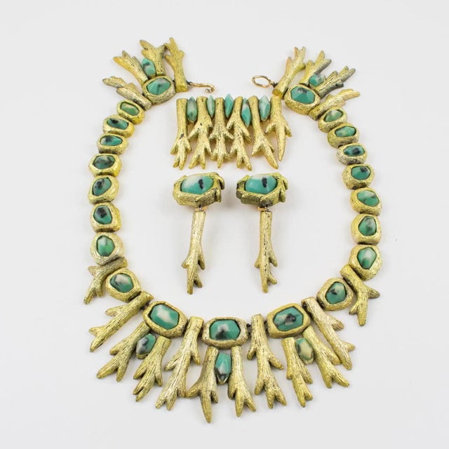 Gold Artist Mary Oros Gilded Cast Resin Brooch with Turquoise Resin Cabochons For Sale - Image 8 of 8