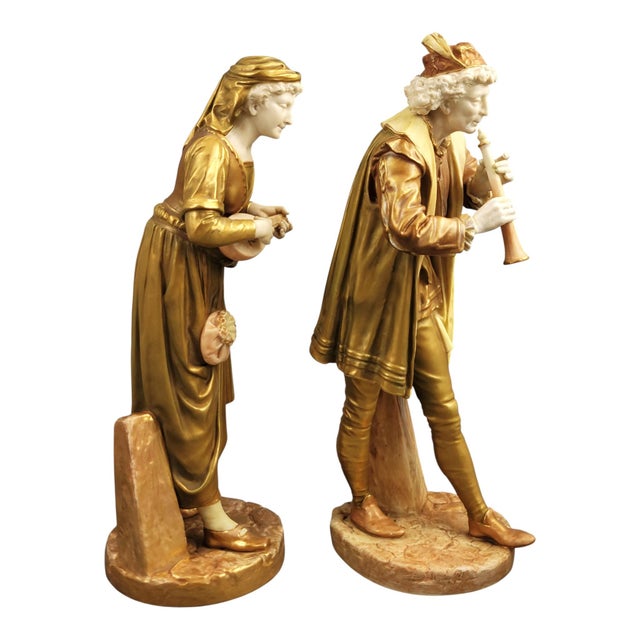 Shot-Enamel Porcelain Musicians from Royal Worcester, 1910s, Set of 2 For Sale - Image 4 of 12
