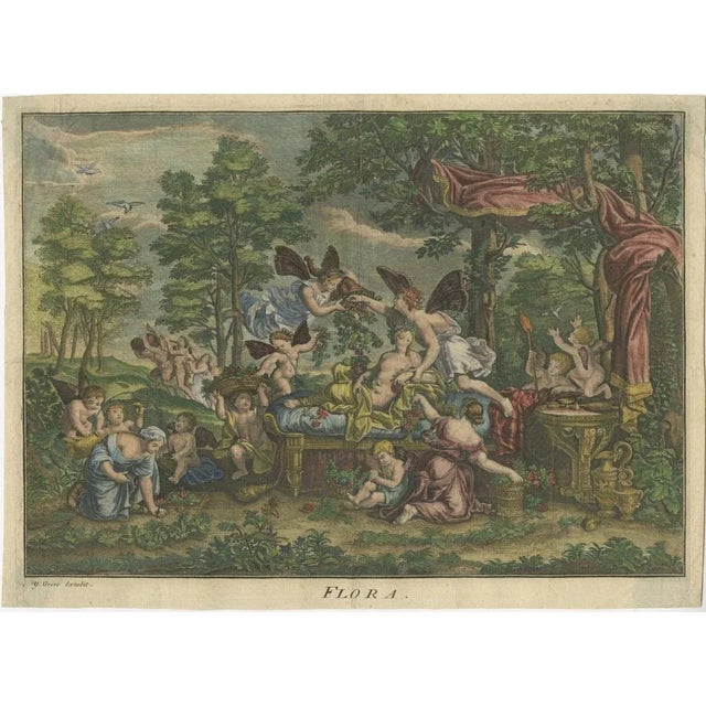 Hand-Colored Antique Engraving of Flora Lying on a Bed Surrounded by Angels For Sale - Image 5 of 6
