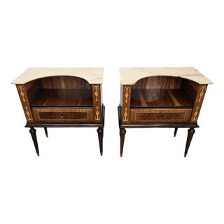 Italian Art Deco Wooden Bedside Tables with Marble Top, 1950s, Set of 2 For Sale