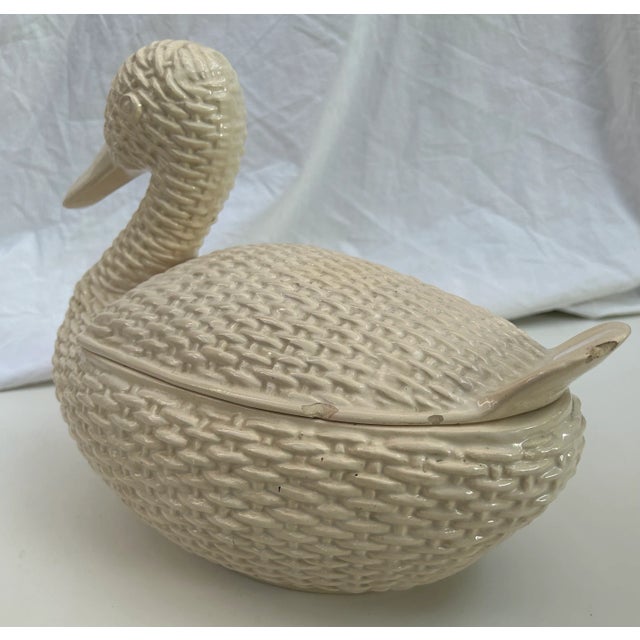 Early 20th Century Cottage Chic White Wicker Ceramic Goose Tureen With Lid For Sale - Image 5 of 12