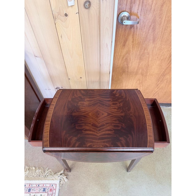 Brown Late 20th Century Inlaid Mahogany Drop Leaf Accent Table With Dual Drawers For Sale - Image 8 of 11