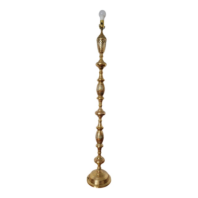 Vintage Hand Painted Brass Floor Lamp From India For Sale