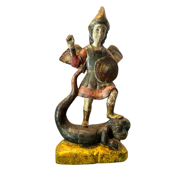 Gold 18th Century Spanish Polychrome Wood Carving of St. Michael For Sale - Image 8 of 12