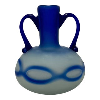 Phoenician-Style Blue Satin Glass Amphora Vase For Sale