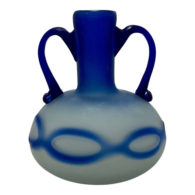 Phoenician-Style Blue Satin Glass Amphora Vase For Sale