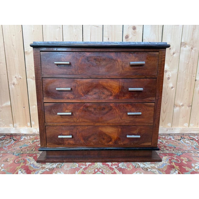 Brown Art Deco Chest of Drawers in Burl Walnut Veneer and Marble Top, 1930s For Sale - Image 8 of 8