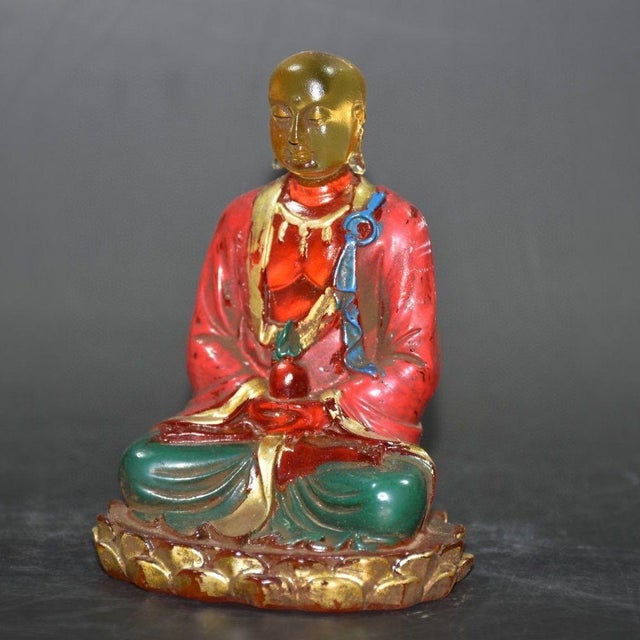 Red Colored-Glass Buddha Figurine — Seated on Lotus Throne, Red & Gold Robes For Sale - Image 8 of 9