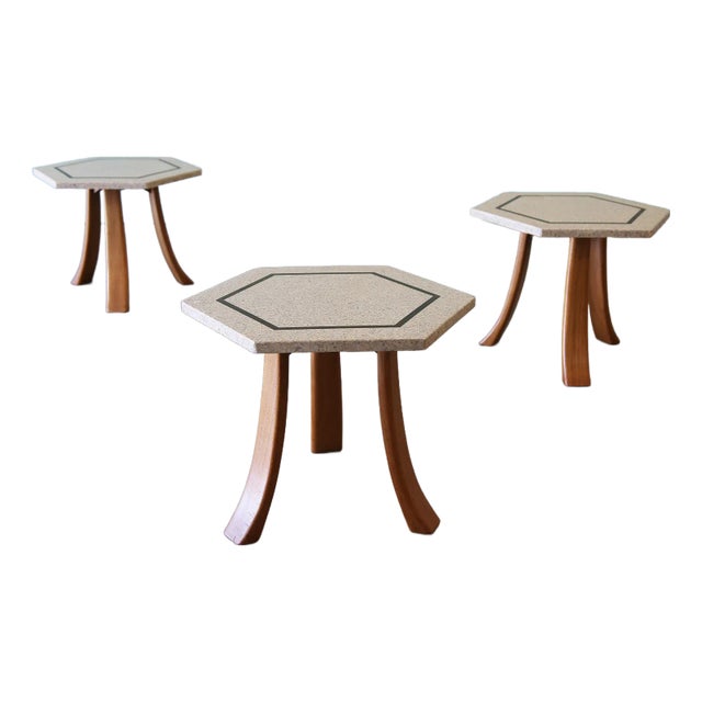 1950s Harvey Probber Terrazzo Brass Walnut Hexagon Side Tables Set of 3 For Sale