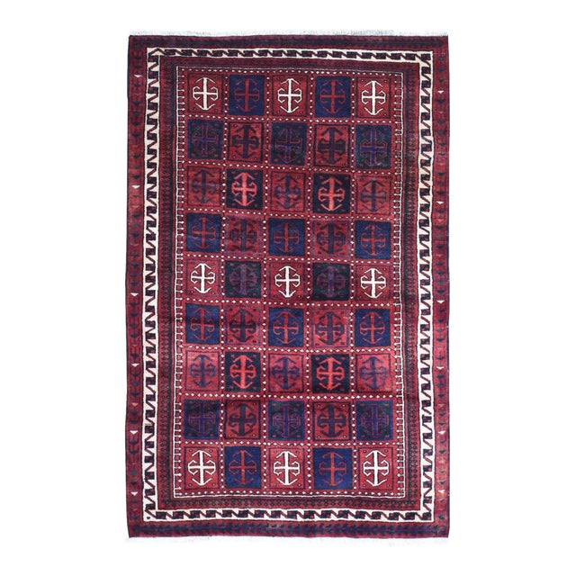 Vintage Persian Hamadan Red Natural Wool Hand Knotted Box Design Oriental Rug For Sale