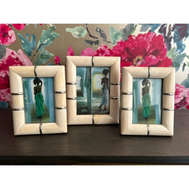 Set of 3 Bone and Metal Picture Frames Ivory & Chrome 2x 4x6 1x 5x7 Two's Company Hand Crafted and Responsibly Sourced...
