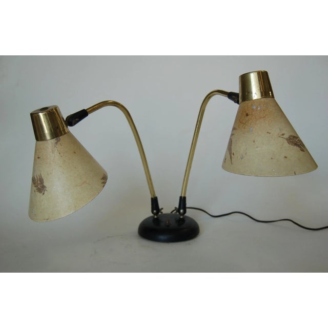 Double Gooseneck Brass Desk Table Lamp W/ Pressed Floral Fiberglass For Sale - Image 9 of 9