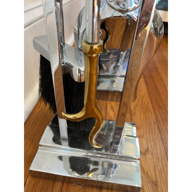 Chrome Mid Century Modernist Fireplace Tools Chrome and Brass For Sale - Image 8 of 9
