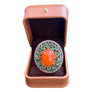 Bochic "Orient" Vintage Diamonds, Emeralds & Opal Ring Set In 18K Gold & Silver For Sale