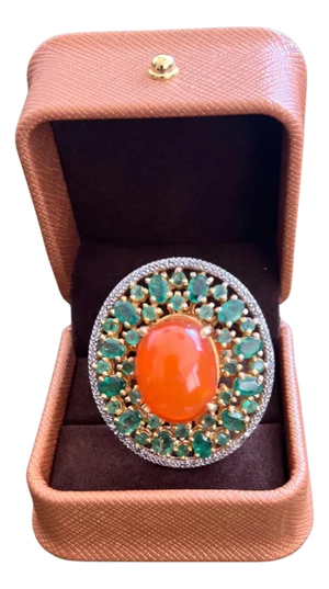 Bochic "Orient" Vintage Diamonds, Emeralds & Opal Ring Set In 18K Gold & Silver