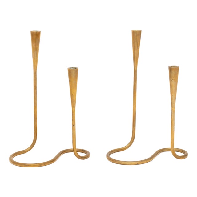 Pair of Illums Bolighus Modernist Brass Candlestick Holders For Sale