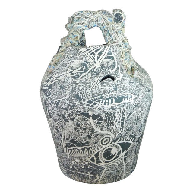 Massive Mid-Century Modern Sgraffito Ceramic Floor Vase For Sale