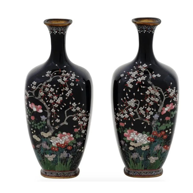 Japanese Pair of Antique Meiji Japanese Cloisonne Silver Wire Enamel Vases Blossoming Garden With Cherry Blossom Tree For Sale - Image 3 of 8