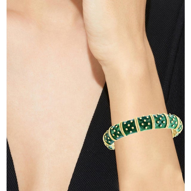 Arts & Crafts Late 20th Century Three-Piece Bangel / Cuff Set Red Green & Blue Enamel 18 Kt Gold 286 Gm, Hidalgo For Sale - Image 3 of 18