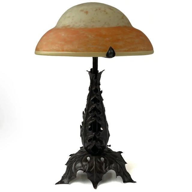Daum Nancy French Louis Janin for Daum Nancy Glass and Fer Forge Iron Table Lamp For Sale - Image 4 of 13