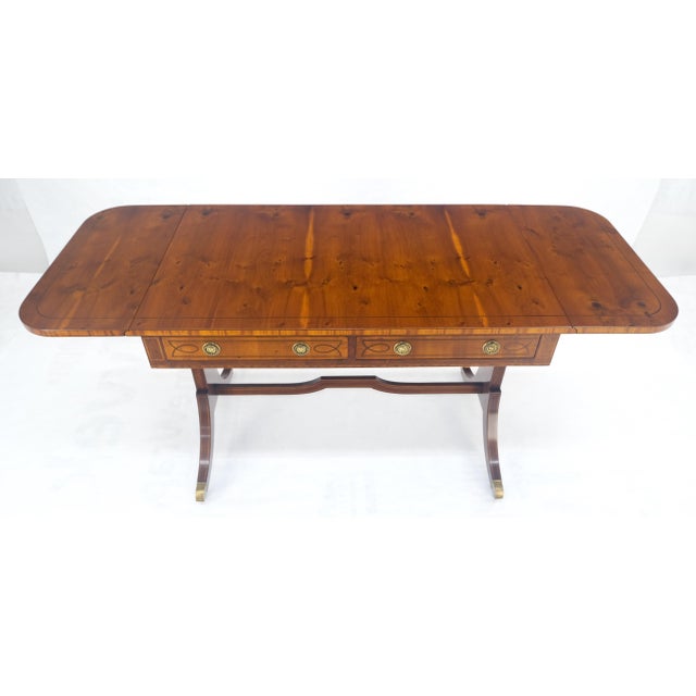 Baker Furniture Company Yew Wood Drop Leaves Two Drawers Low Profile Brass Feet Desk Console Table MINT For Sale - Image 4 of 18