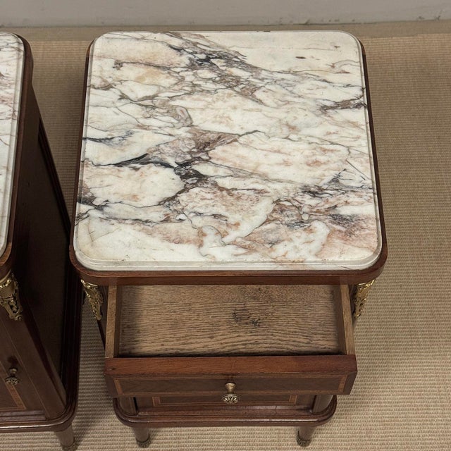 Pair of Antique French Louis XVI Marquetry Marble Top Nightstands ~ End Tables For Sale - Image 16 of 18
