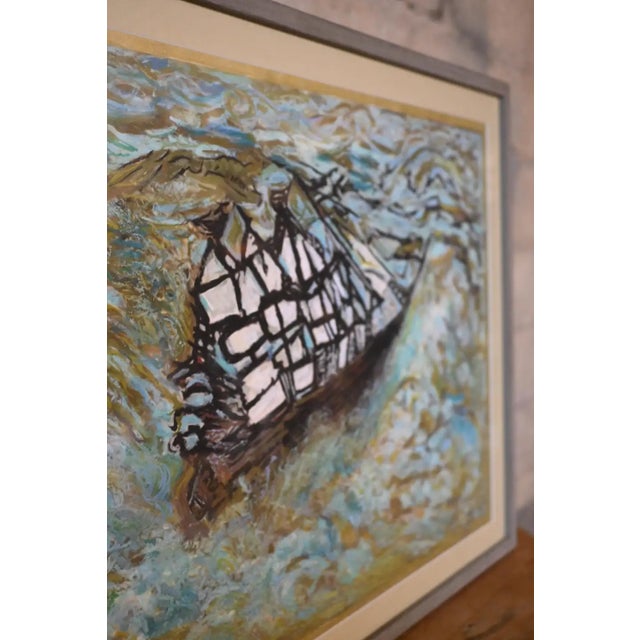 A 2012 contemporary pastel on paper seascape of a sailboat by American artist John Velardi b.1956. Expressive with an...