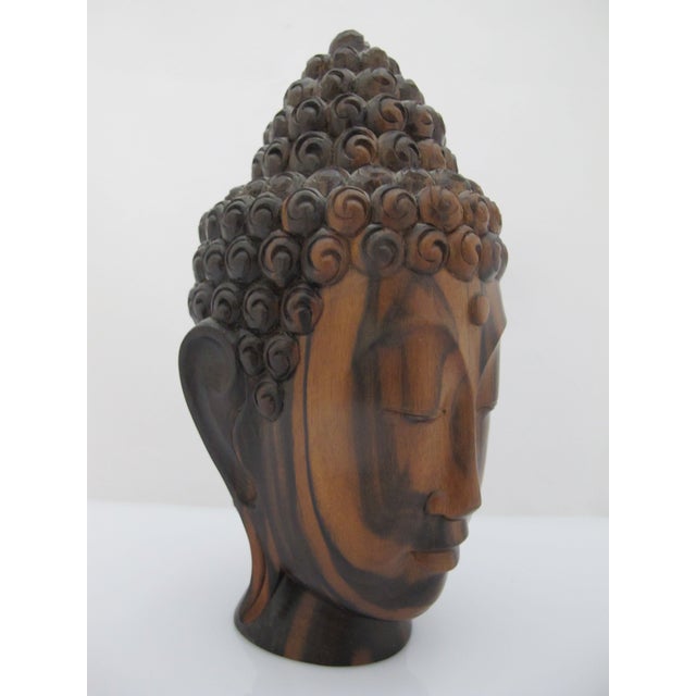 Figurative Finely Hand Carved Wood Balinese Buddha Head Meditation Figure Statue For Sale - Image 3 of 8