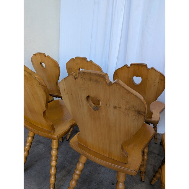 Vintage Tyrolean Farmhouse Heart Cutout Wooden Dining Chairs, 1970s, Set of 8 For Sale - Image 15 of 18
