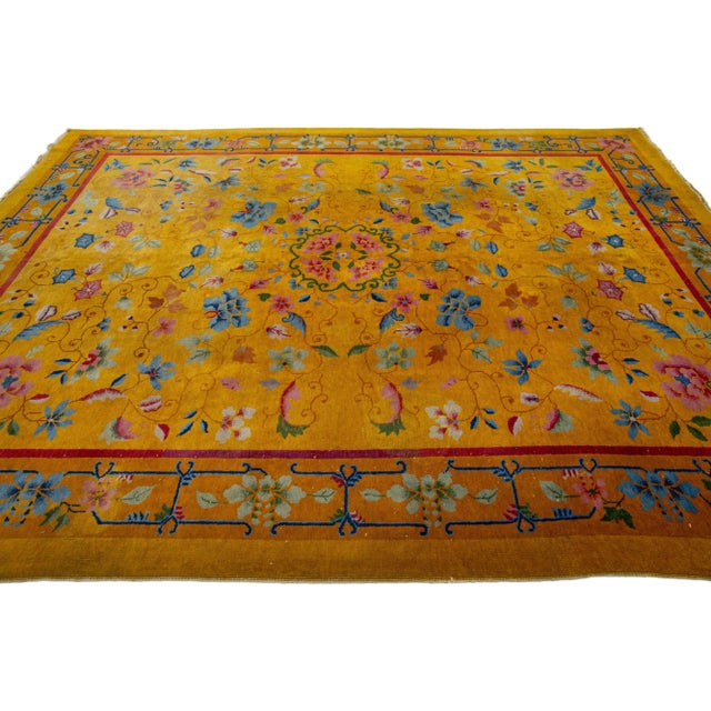 Antique 1920s Chinese Art Deco Rug in Goldenrod With Floral Motif For Sale - Image 10 of 10