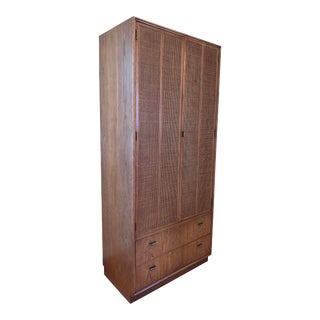 Mid Century Modern Rattan Cane Wood Wardrobe Dresser For Sale