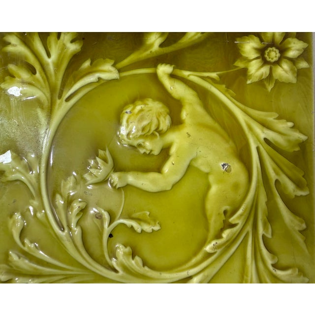 19th Century Antique 19th Century Green Glaze Minton Hollins Cherub Ceramic Pottery Tile For Sale - Image 5 of 12